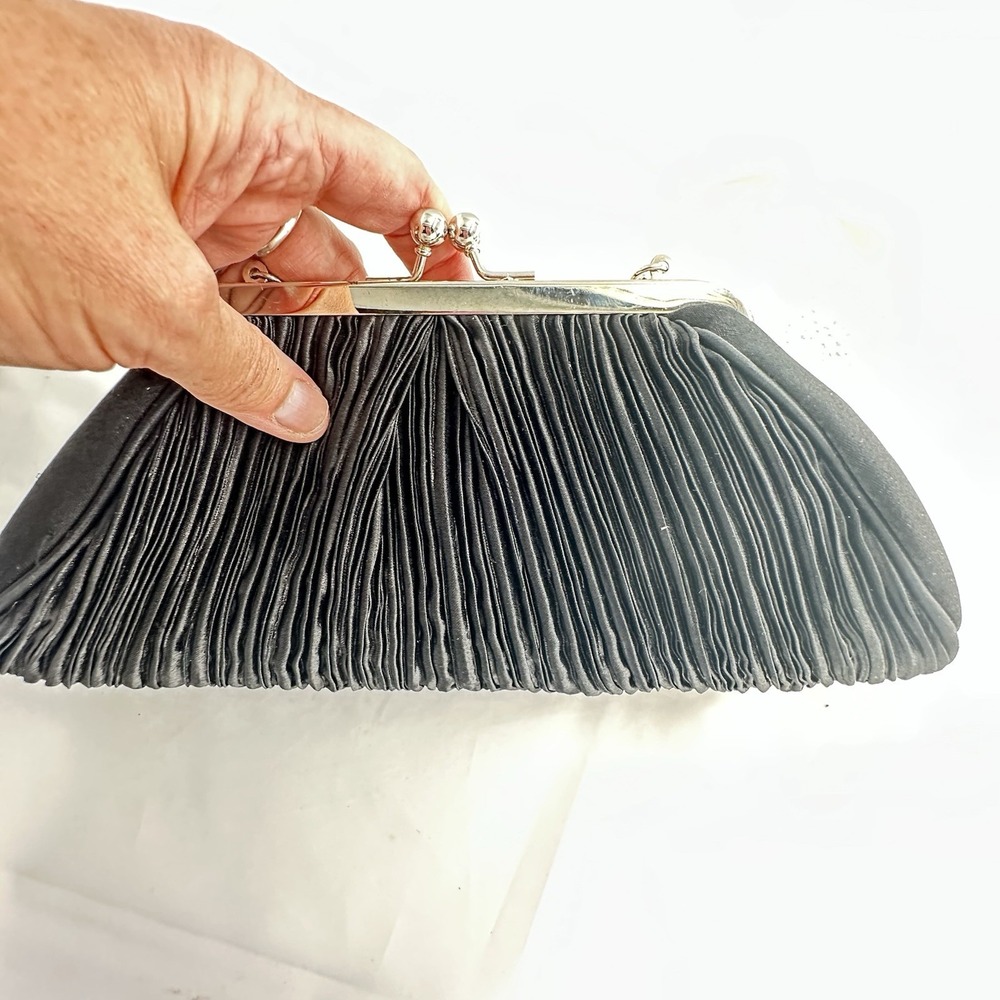 White House Black Market Pleated Satin  Pouch Purse Gem Snap Black Evening Bag - Picture 2 of 7